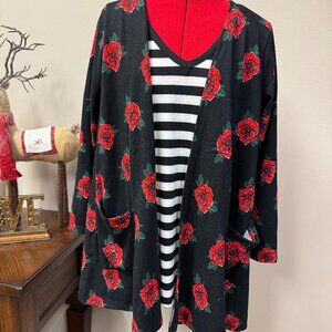 LuLaRoe Caroline Cardigan Black and Red Rose NEW size M